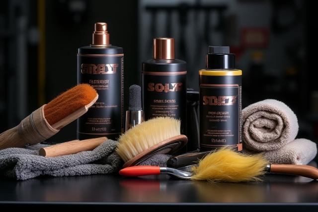Attrezzatura da detailing professionale, panni in microfibra, spazzole