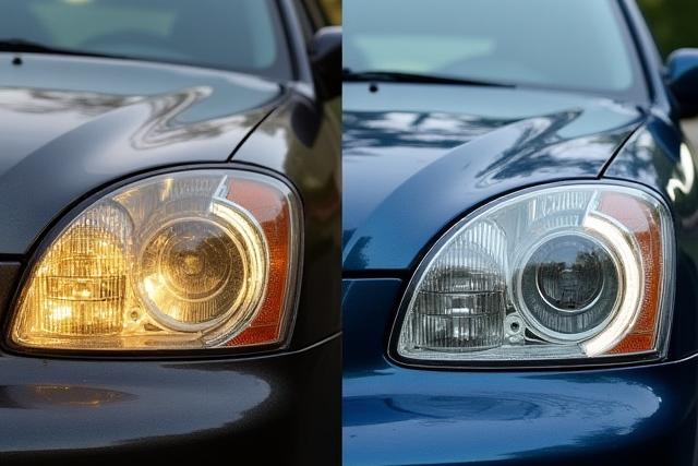 Faro auto ripristinato, chiaro e brillante, con l'altro faro ancora opaco per contrasto