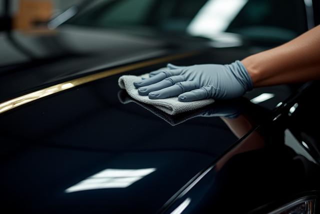 Superficie auto lucidissima che riflette la luce, con un tecnico al lavoro