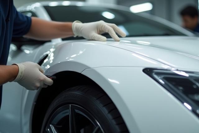 Dettaglio di pellicola protettiva trasparente applicata sulla carrozzeria di un'auto di lusso